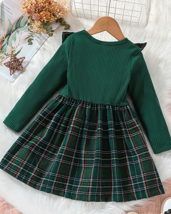 【3M-7Y】2-piece Girls Sweet Plaid Long Sleeve Dress With Hairband - 33255