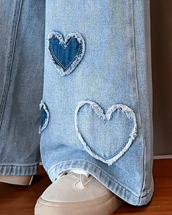 【4Y-12Y】Girls Fashion Heart Shape Embroidered Blue Jeans