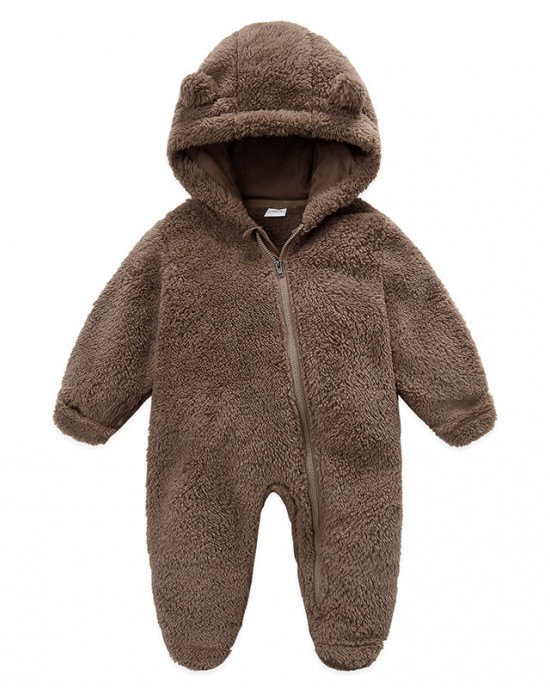 【0M-12M】Unisex Baby Thickened Fleece Hooded Bodysuit Coral Fleece Romper