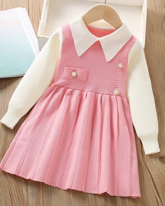 【18M-6Y】Girls Fashionable Fake Two Piece Lapel Sweater Dress