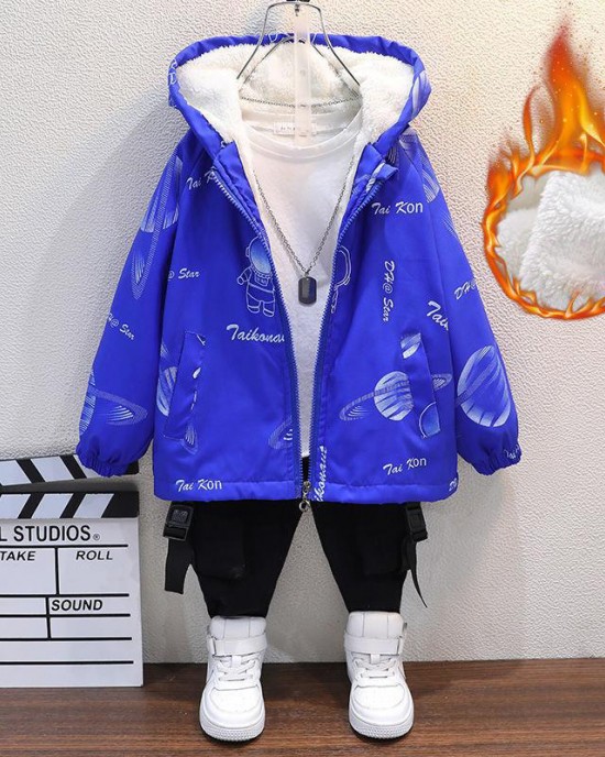 【2Y-10Y】Boys Casual Cartoon Astronaut Print Thickened Fleece Hooded Jacket