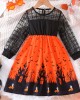 【3Y-7Y】Girls Halloween Printed Orange Round Neck Long Sleeve Dress