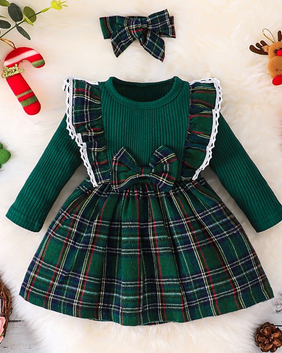 【3M-7Y】2-piece Girls Sweet Plaid Long Sleeve Dress With Hairband - 33255