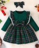 【3M-7Y】2-piece Girls Sweet Plaid Long Sleeve Dress With Hairband - 33255