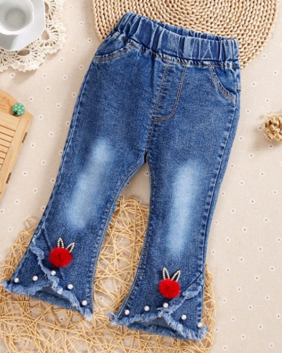 【6M-9Y】Girl Sweet Flowers And Fringed Blue Jeans