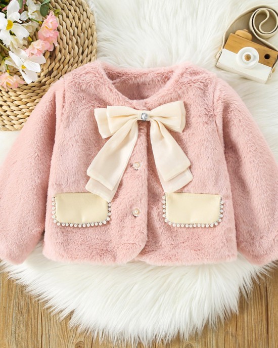 【12M-4Y】Girls Sweet Bow And Pearl Faux Fur Coat