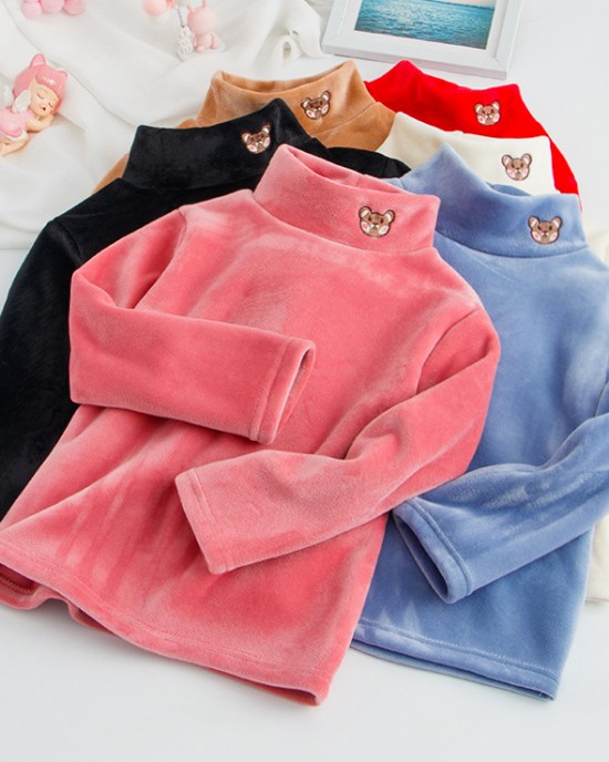 【3Y-12Y】Kids Casual Cartoon Bear Embroidered Half Turtleneck Fleece T-Shirt