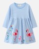 【18M-7Y】Girls Sweet Flamingo And Floral Embroidered Blue Striped Long Sleeve Dress