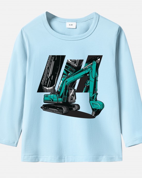 【12M-9Y】Boys Excavator Print Cotton Stain Resistant Long Sleeve T-shirt