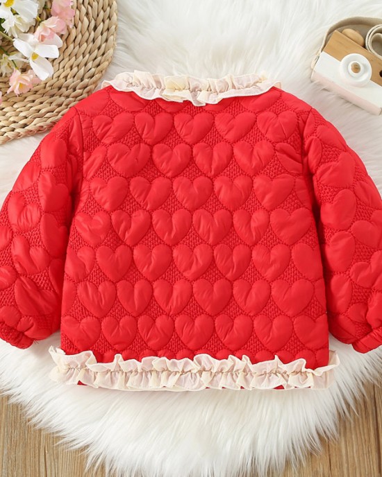 【12M-4Y】Girls Sweet Bow And Ruffle Heart Shape Jacquard Padded Fleece Coat