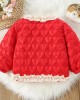 【12M-4Y】Girls Sweet Bow And Ruffle Heart Shape Jacquard Padded Fleece Coat