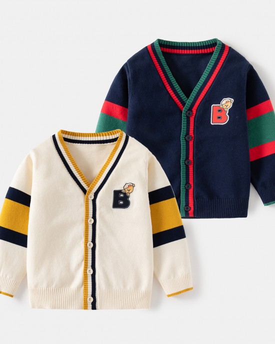 【18M-6Y】Boys Casual Letter Embroidered Long Sleeve Sweater Cardigan