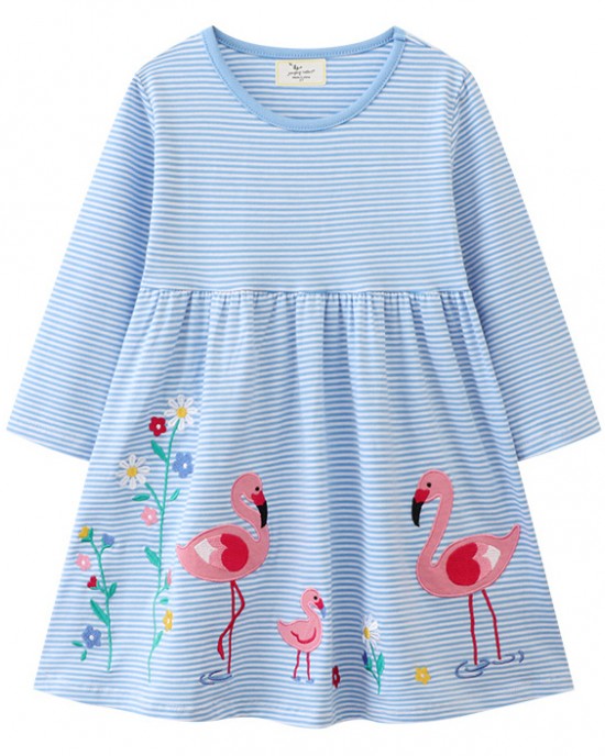 【18M-7Y】Girls Sweet Flamingo And Floral Embroidered Blue Striped Long Sleeve Dress