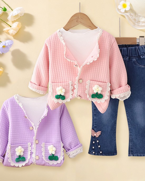 【12M-5Y】3-piece Girls Fashionable White T-shirt And Flower Embroidered Cardigan And Jeans Set - 34427