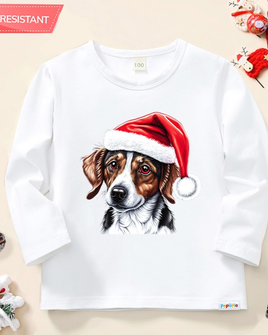 【12M-9Y】Kids Christmas Dog Print Cotton Stain Resistant Long Sleeve T-shirt