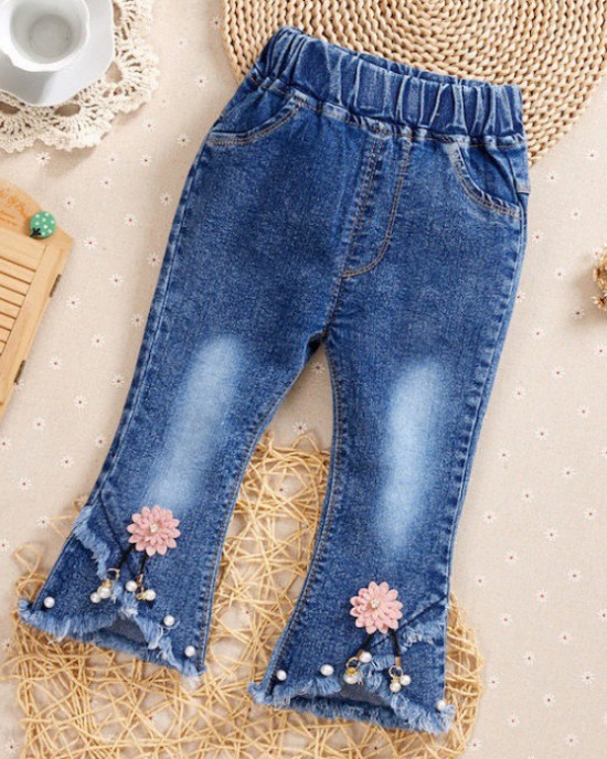 【6M-9Y】Girl Sweet Flowers And Fringed Blue Jeans