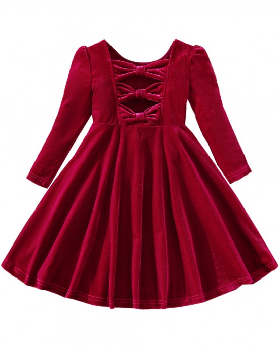 【18M-6Y】Girls Sweetheart Back Bow Red Velvet Dress