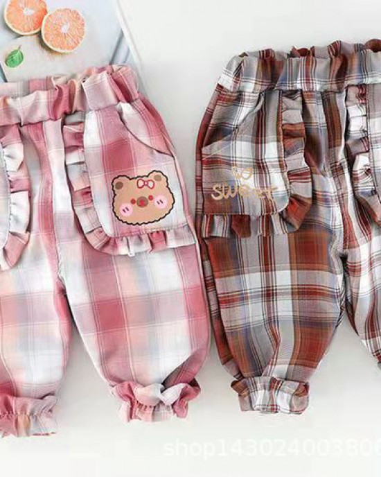 【12M-5Y】2-piece Girls Cute Bear And Letter Print Round Neck Long Sleeve Sweatshirt And Plaid Pants Set - 34423