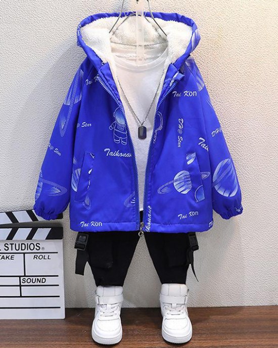 【2Y-10Y】Boys Casual Cartoon Astronaut Print Thickened Fleece Hooded Jacket