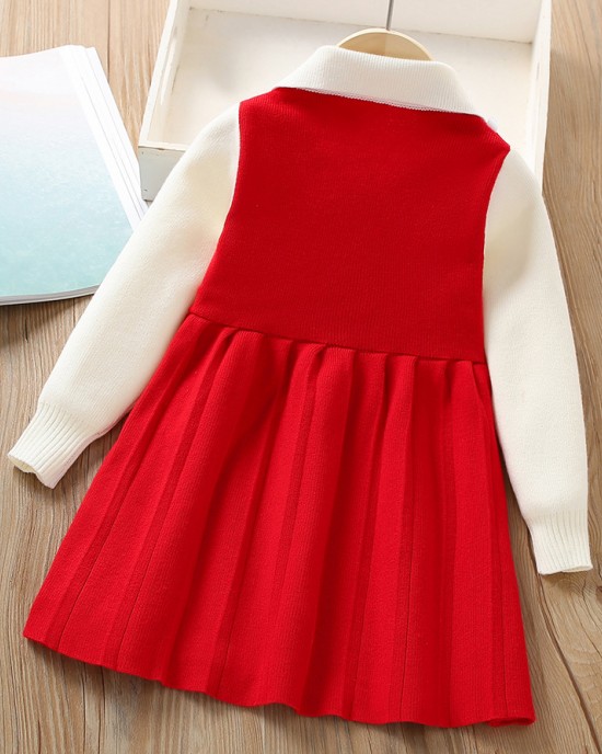 【18M-6Y】Girls Fashionable Fake Two Piece Lapel Sweater Dress