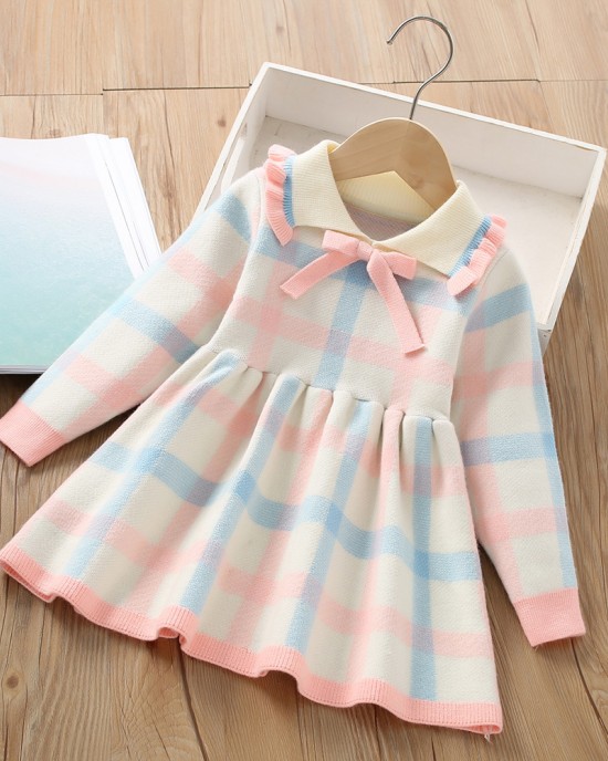 【18M-6Y】Girls Sweet Bow Colorful Plaid Lapel Sweater Dress