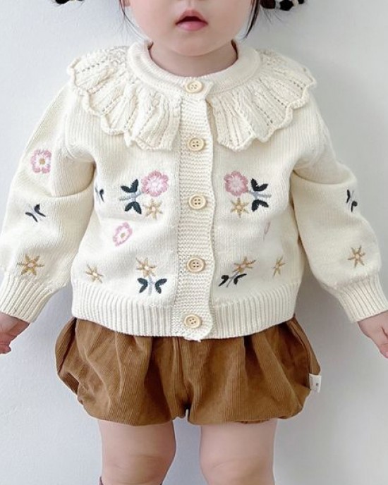 【12M-6Y】Girls Cute Floral Embroidered Lapel Sweater Cardigan (Hat Not Included)