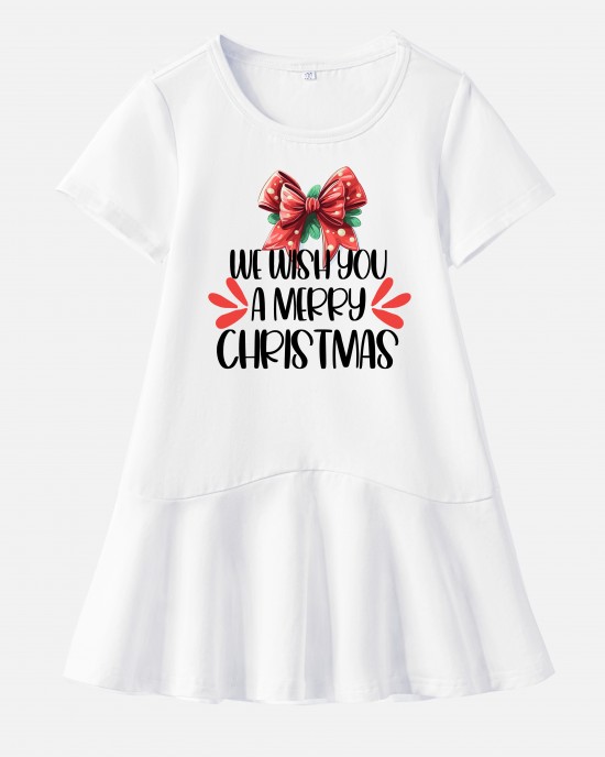 【18M-9Y】Girl Christmas Letters And Bow Print Stain Resistant Cotton Short Sleeve Dress