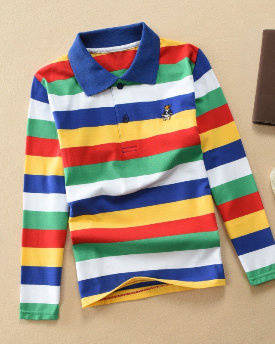 【18M-12Y】Boys Casual Striped Cotton Fabric Long Sleeve Polo Shirt