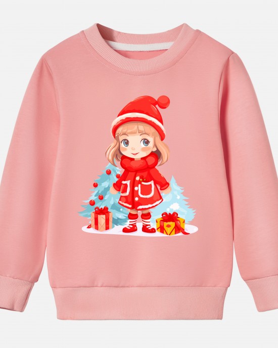 【12M-9Y】Girl Cartoon Christmas Print Cotton Stain Resistant Long Sleeve Sweatshirt