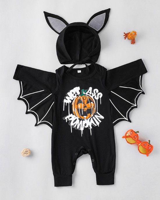 【6M-3Y】2-piece Baby Halloween Print Black Bat Romper With Hat