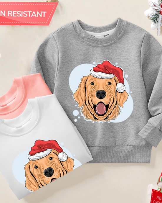 【12M-9Y】Kids Christmas Golden Retriever Dog Print Cotton Stain Resistant Long Sleeve Sweatshirt