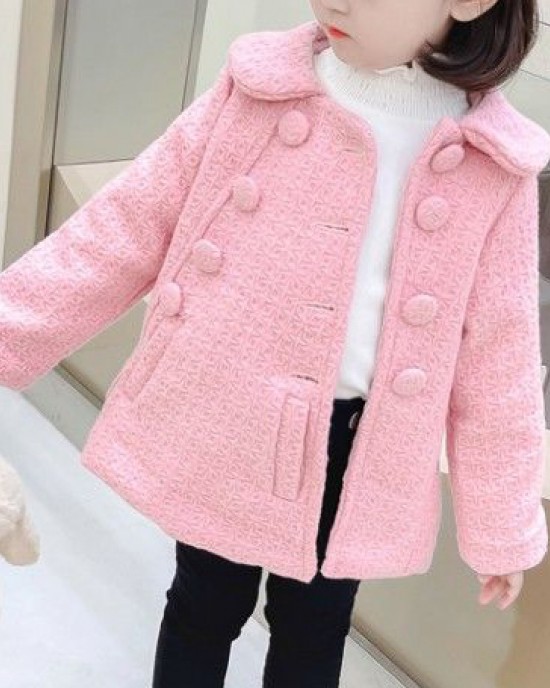 【12M-5Y】Girls Fashionable Solid Color Double-Breasted Tweed Jacket