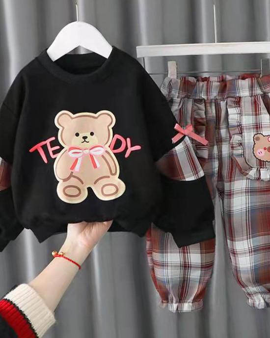 【12M-5Y】2-piece Girls Cute Bear And Letter Print Round Neck Long Sleeve Sweatshirt And Plaid Pants Set - 34423