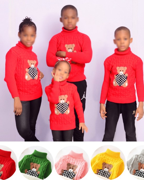 【18M-9Y】Kids Fashion Bear Pattern High Quality Fleece Thickened Funnel Neck Sweater - 9108