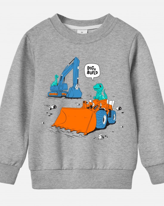 【12M-9Y】Boys Excavator And Dinosaur Print Cotton Stain Resistant Long Sleeve Sweatshirt