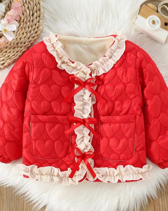 【12M-4Y】Girls Sweet Bow And Ruffle Heart Shape Jacquard Padded Fleece Coat