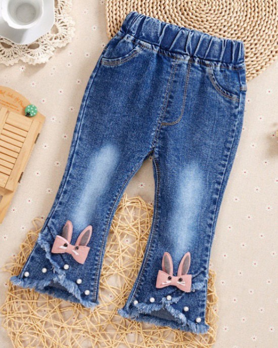 【6M-9Y】Girl Sweet Flowers And Fringed Blue Jeans