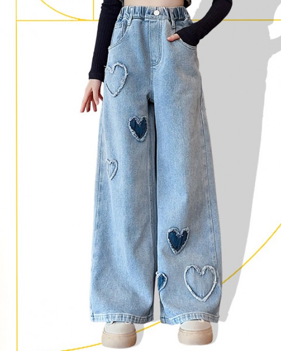 【4Y-12Y】Girls Fashion Heart Shape Embroidered Blue Jeans