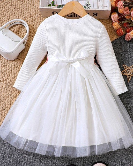 【18M-6Y】Girls Fashion Floral Embroidery Round Neck Long Sleeve Mesh Dress