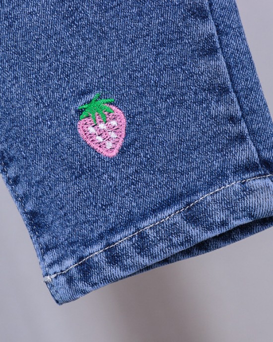 【12M-5Y】Girls Cute Bunny And Cartoon Embroidery Blue Jeans