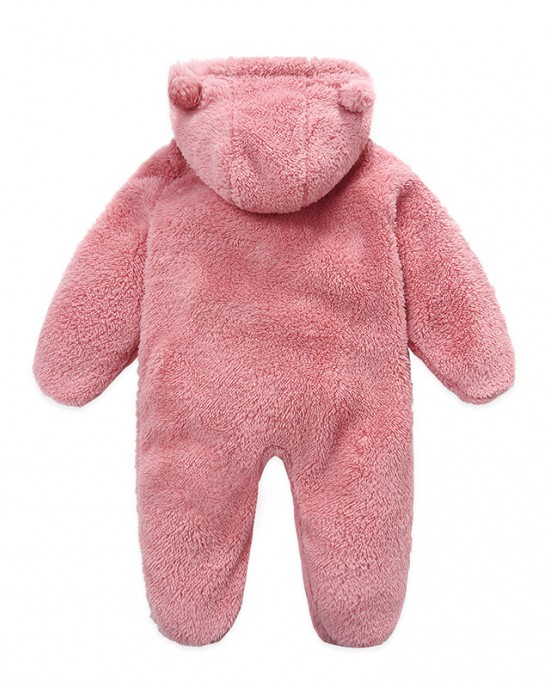 【0M-12M】Unisex Baby Thickened Fleece Hooded Bodysuit Coral Fleece Romper