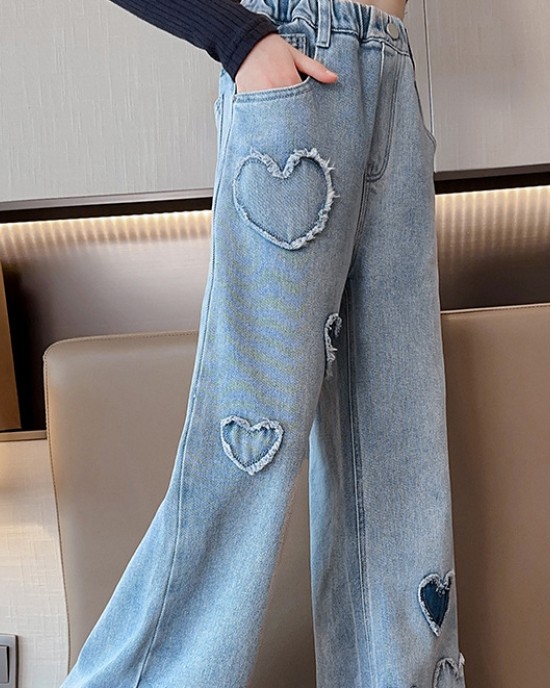 【4Y-12Y】Girls Fashion Heart Shape Embroidered Blue Jeans