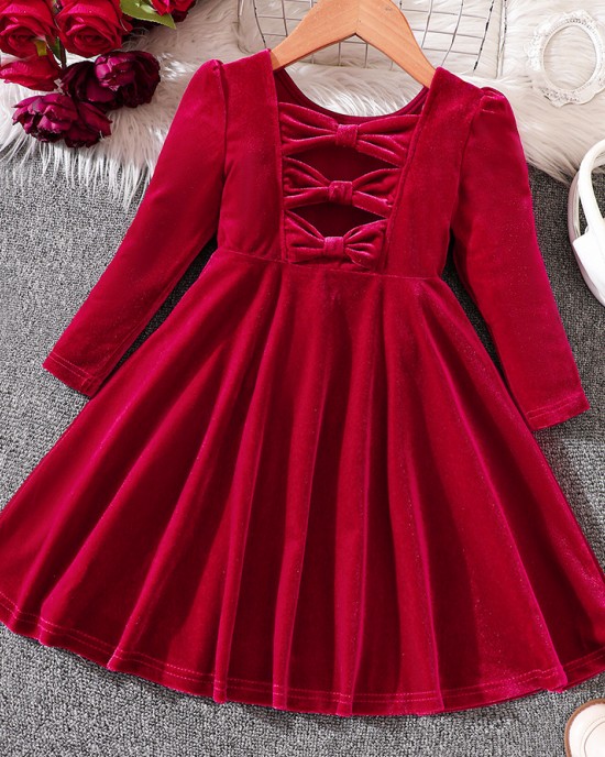 【18M-6Y】Girls Sweetheart Back Bow Red Velvet Dress