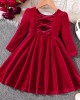 【18M-6Y】Girls Sweetheart Back Bow Red Velvet Dress