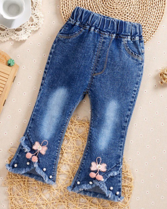 【6M-9Y】Girl Sweet Flowers And Fringed Blue Jeans