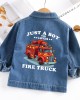 【2Y-10Y】Boys Letter And Fire Truck Print Blue Denim Jacket