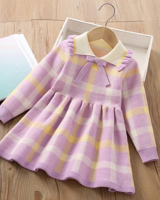 【18M-6Y】Girls Sweet Bow Colorful Plaid Lapel Sweater Dress