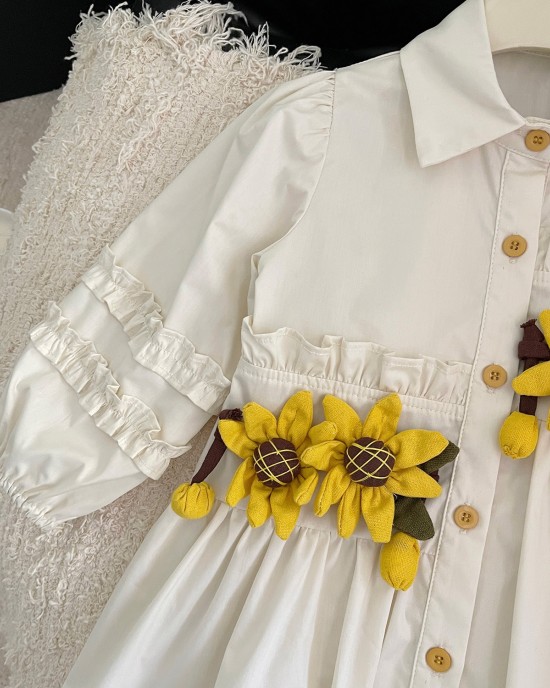 【18M-8Y】Girls Sunflower And Ruffle Design White Shirt Dress