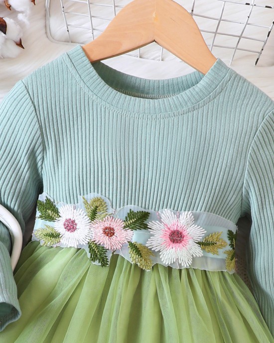 【18M-6Y】Girls Fashion Floral Embroidery Round Neck Long Sleeve Mesh Dress