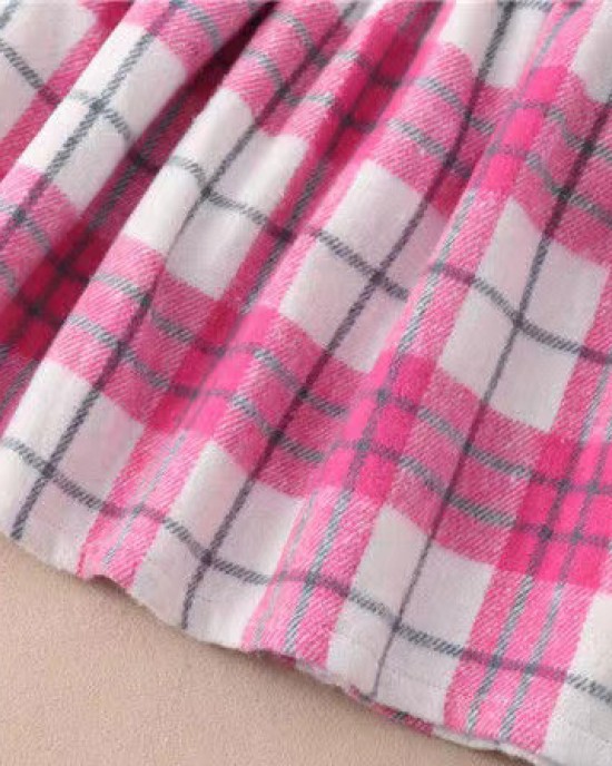 【18M-7Y】Girls Fashion Stand Collar Plaid Long Sleeve Dress